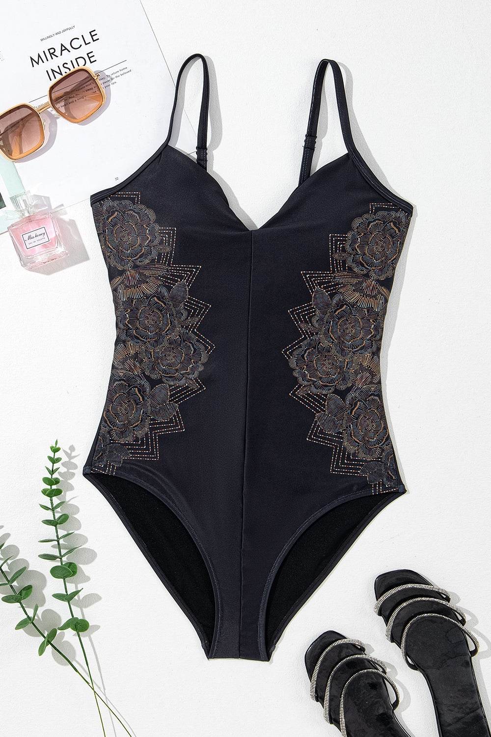 Embroidered V-Neck One-Piece Swimwear - Selvanelle