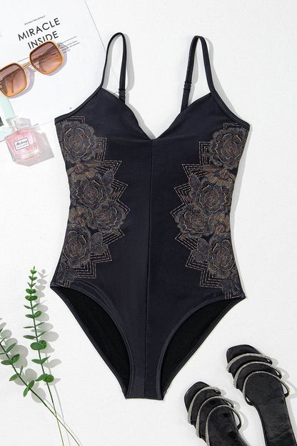 Embroidered V-Neck One-Piece Swimwear - Selvanelle