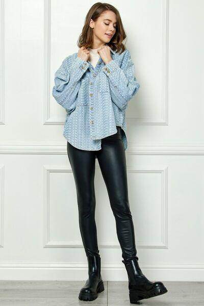 Veveret Button Up Dropped Shoulder Denim Top for Women - Selvanelle