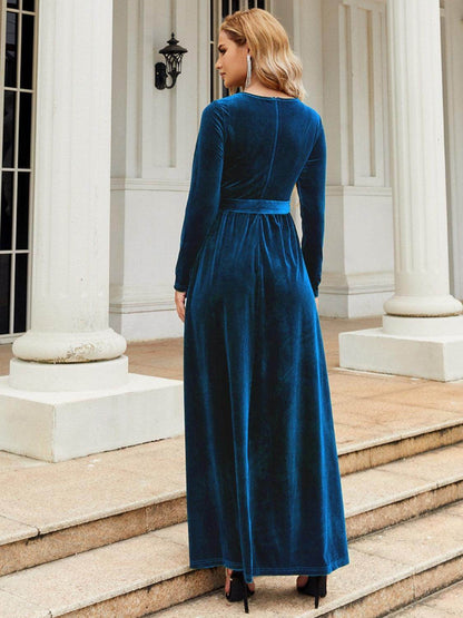 Tie Front Round Neck Long Sleeve Maxi Dress for Women - Selvanelle