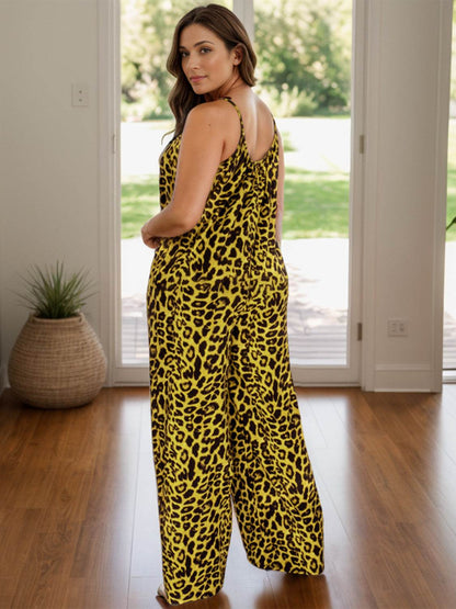 Full Size Leopard Scoop Neck Wide Leg Jumpsuit - Selvanelle