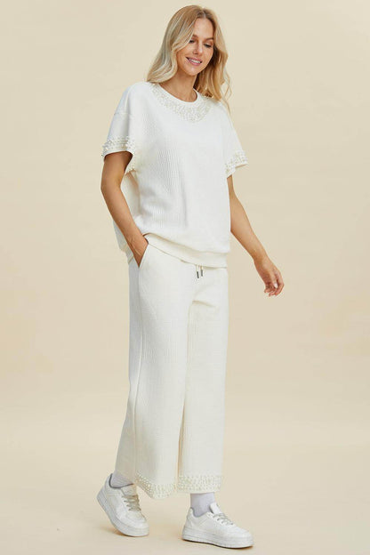 Double Take Full Size Pearl Detail Round Neck Top Pants Set - Selvanelle