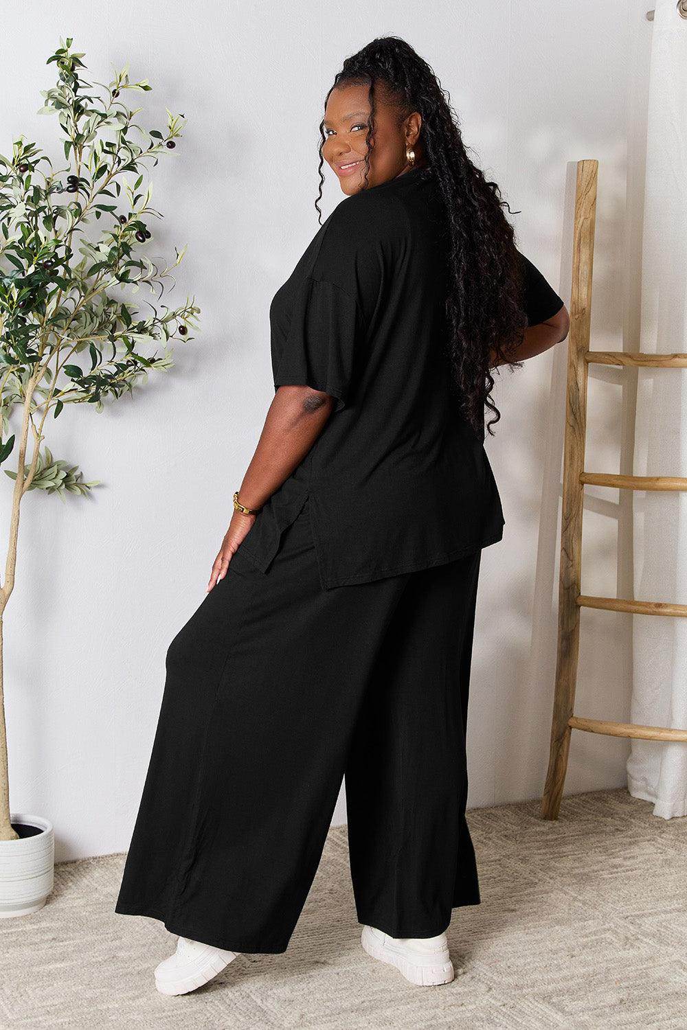Double Take Full Size Round Neck Slit Top and Pants Set - Selvanelle