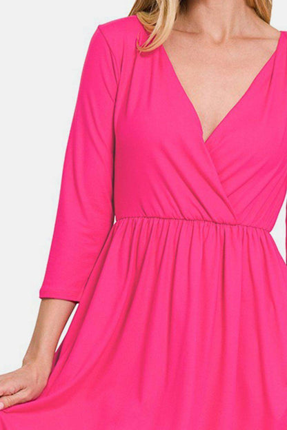 Zenana Three-Quarter Sleeve Surplice Dress with Pockets - Selvanelle