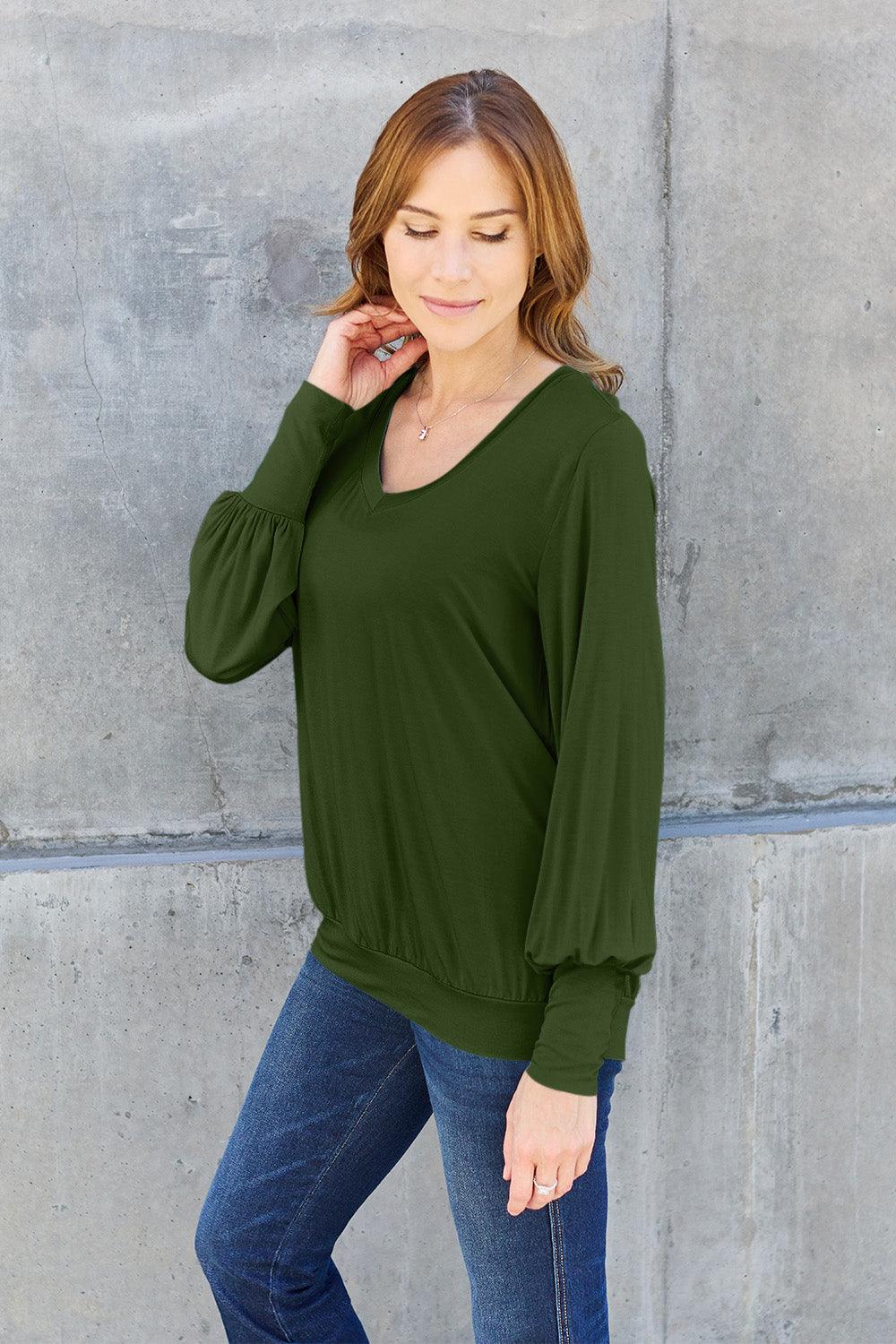 Basic Bae Full Size V-Neck Lantern Sleeve Top for Women