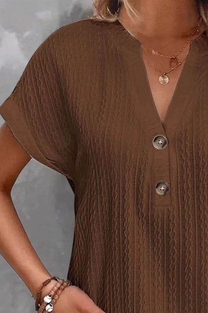Textured Notched Short Sleeve Top - Selvanelle