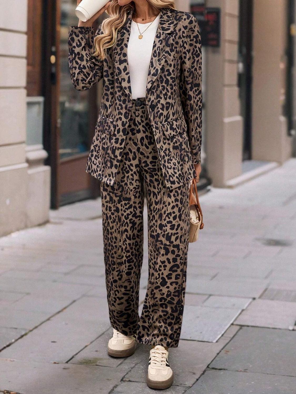 Full Size Leopard Lapel Collar Blazer and Pants Set