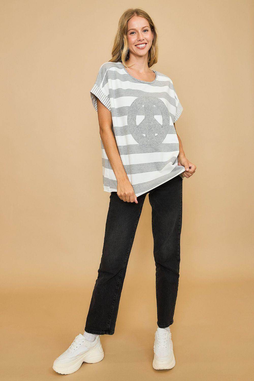 Umgee Peace Sign Patch Striped French Terry T-Shirt for Women - Selvanelle