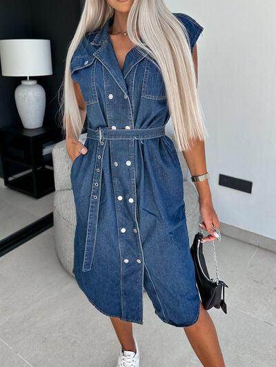 Collared Neck Cap Sleeve Denim Dress with Belted Style - Selvanelle