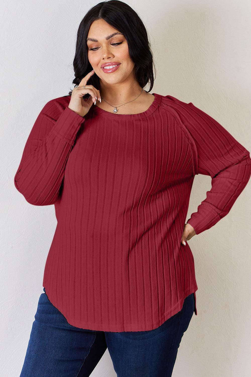 Basic Bae Full Size Ribbed Round Neck Slit T-Shirt for Women - Selvanelle