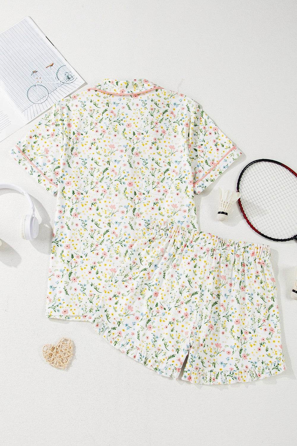 Printed Button Up Short Sleeve Top and Shorts Lounge Set - Selvanelle