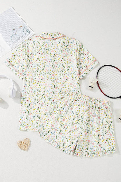 Printed Button Up Short Sleeve Top and Shorts Lounge Set - Selvanelle