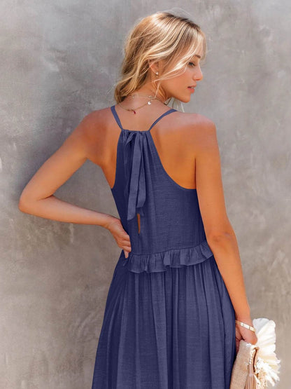 Ruffled Sleeveless Tiered Maxi Dress with Pockets - Selvanelle