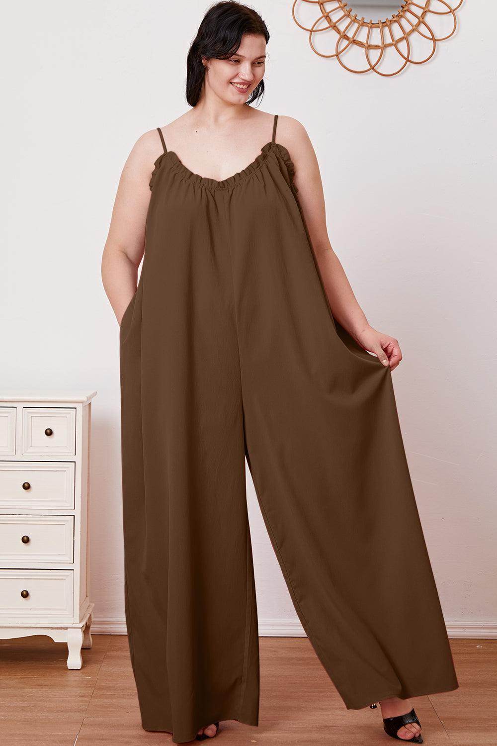 Double Take Full Size Ruffle Trim Tie Back Cami Jumpsuit - Selvanelle