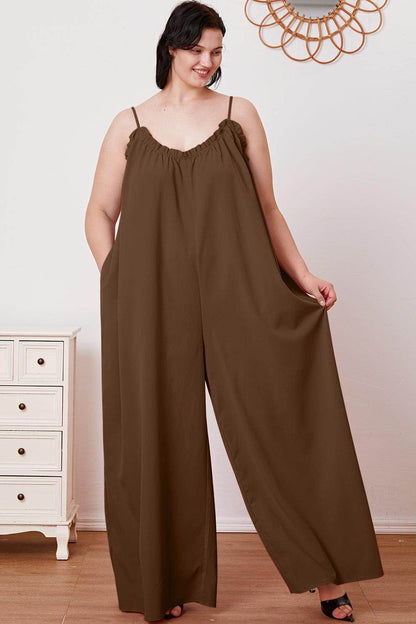 Double Take Full Size Ruffle Trim Tie Back Cami Jumpsuit - Selvanelle