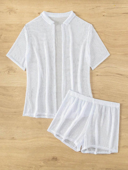Open Front Half Sleeve Top and Shorts Cover Up Set - Selvanelle