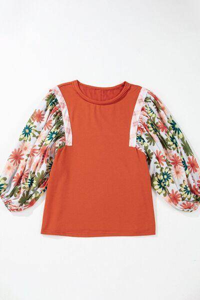 Printed Round Neck Balloon Sleeve Blouse for Women - Selvanelle