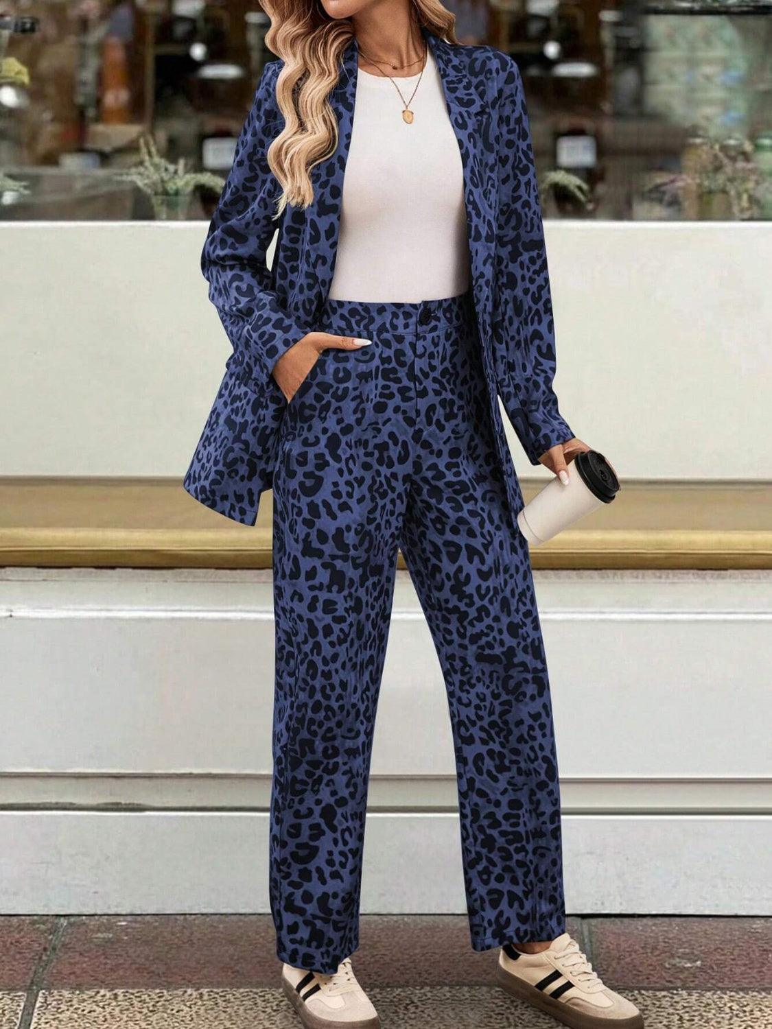 Full Size Leopard Lapel Collar Blazer and Pants Set