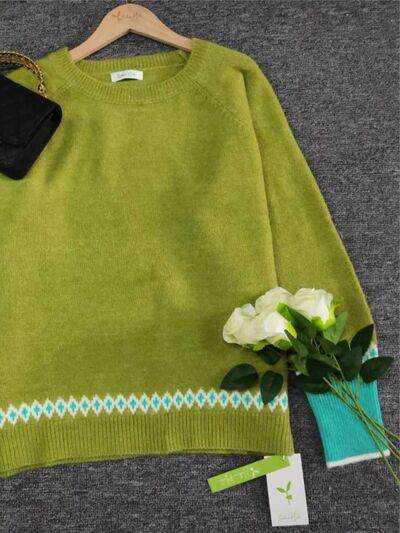 Contrast Round Neck Long Sleeve Sweater for Women - Selvanelle