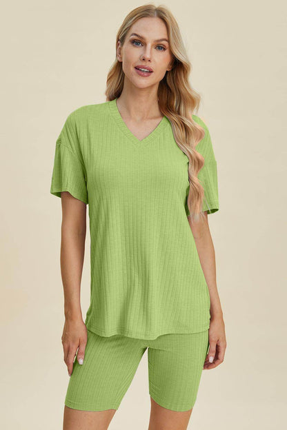 Basic Bae Full Size Ribbed V-Neck Top and Shorts Set For Women - Selvanelle