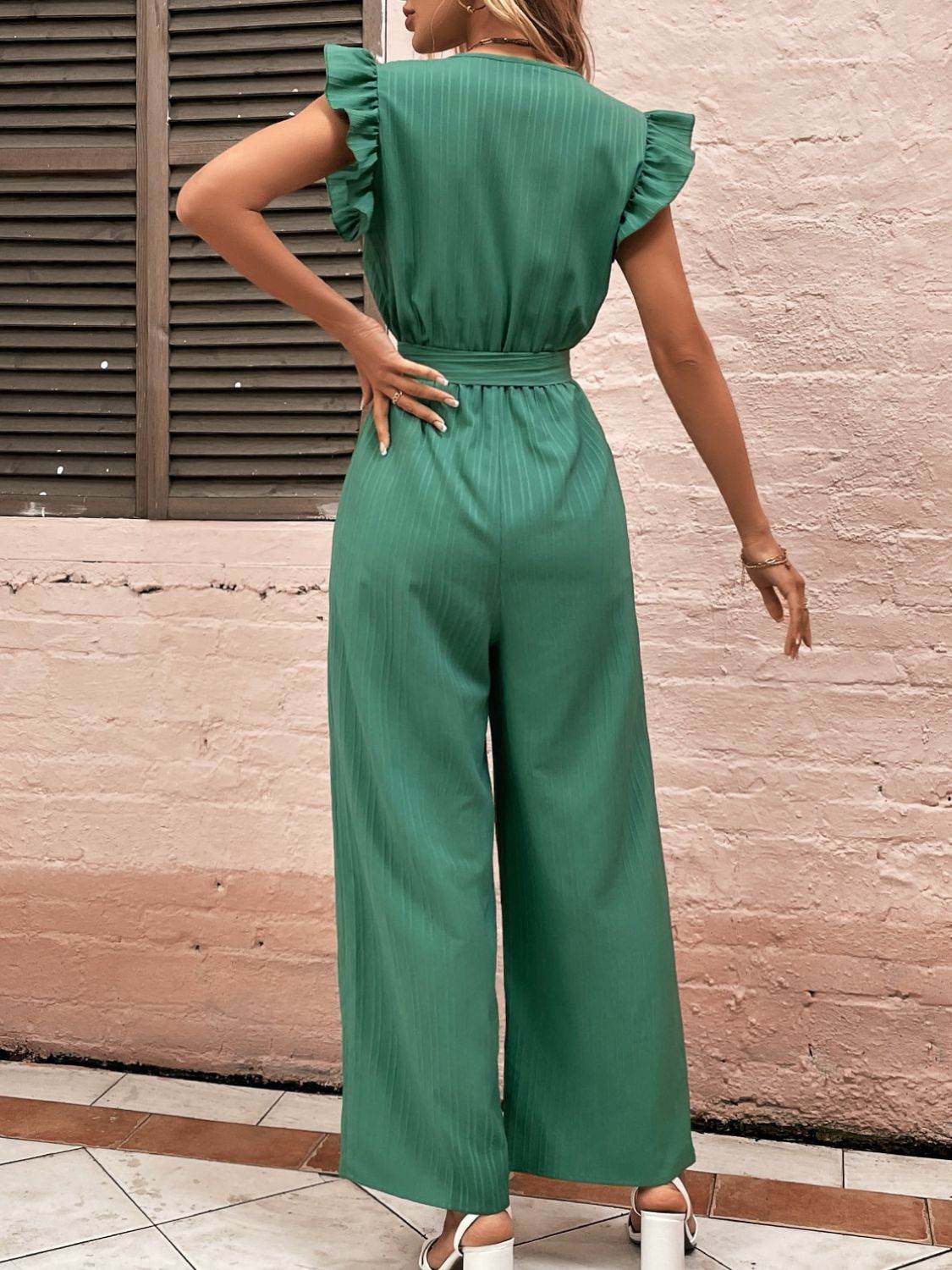 Ruffled Surplice Cap Sleeve Jumpsuit - Selvanelle