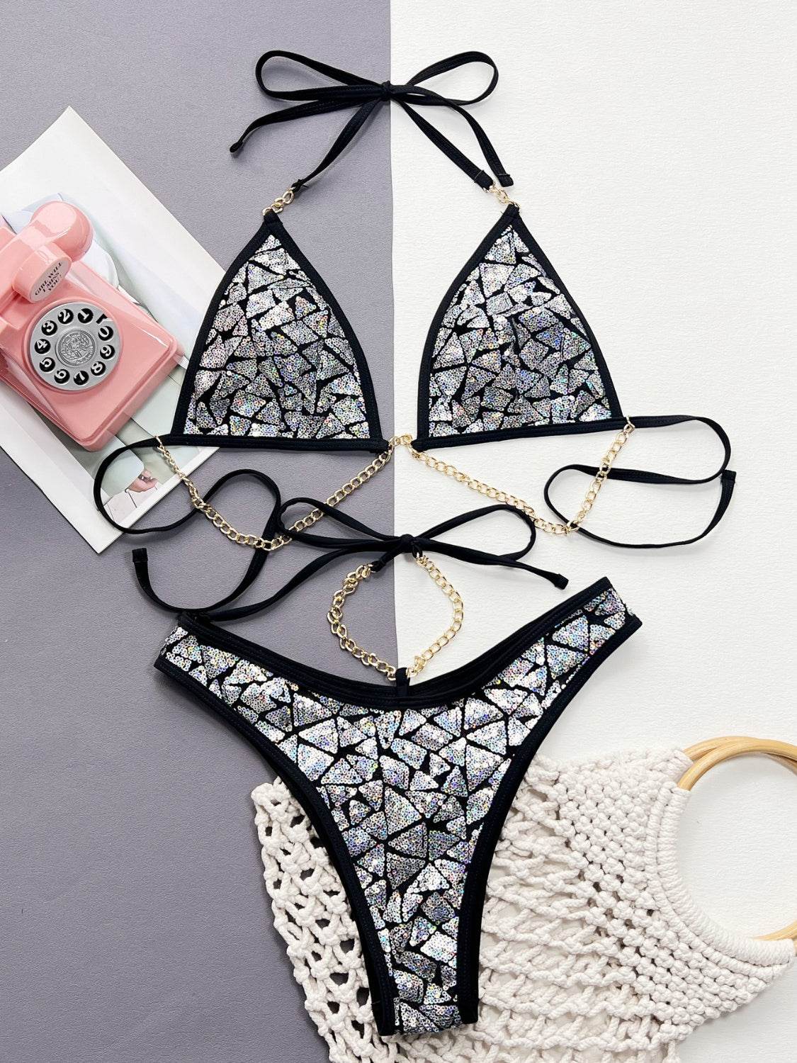 Sequin Halter Neck Two-Piece Bikini Set - Selvanelle