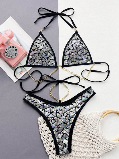 Sequin Halter Neck Two-Piece Bikini Set - Selvanelle