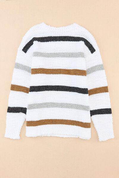 Striped Round Neck Dropped Shoulder Sweater for Women - Selvanelle