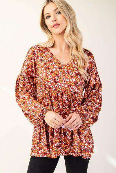 Celeste Full Size Floral V-Neck Balloon Sleeve Blouse Style - Selvanelle