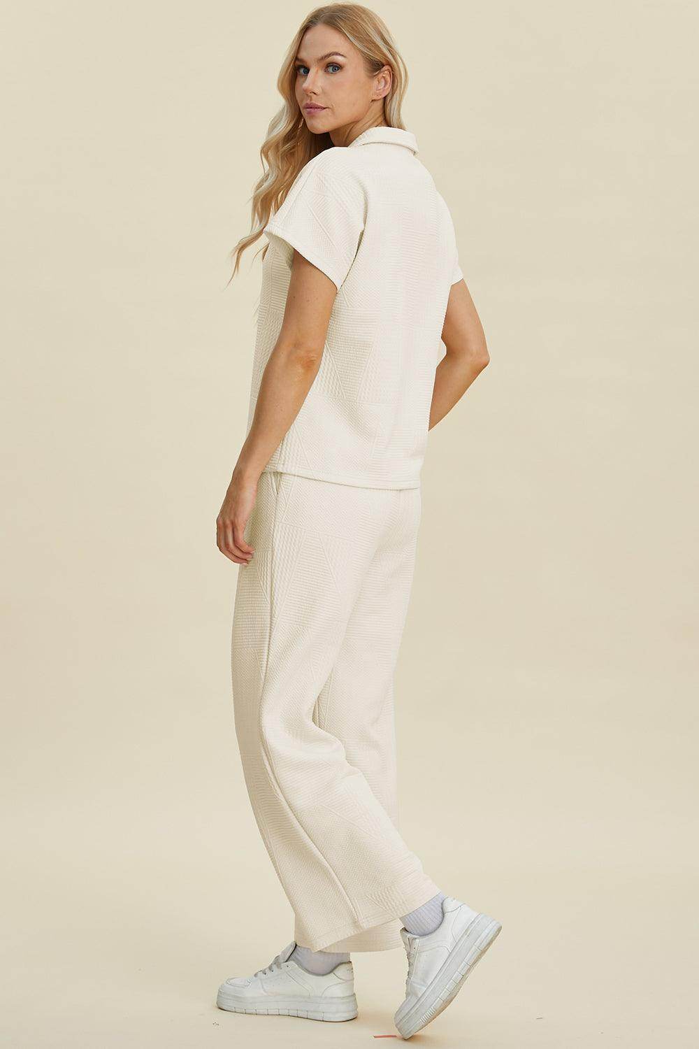 Double Take Full Size Collared Neck Short Sleeve Top Set - Selvanelle