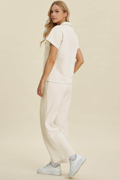 Double Take Full Size Collared Neck Short Sleeve Top Set - Selvanelle