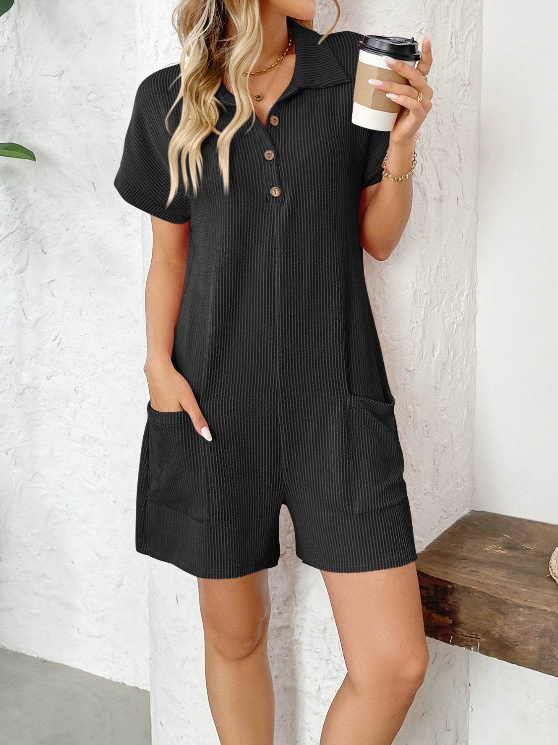 Button Detail Collared Neck Short Sleeve Romper - Selvanelle