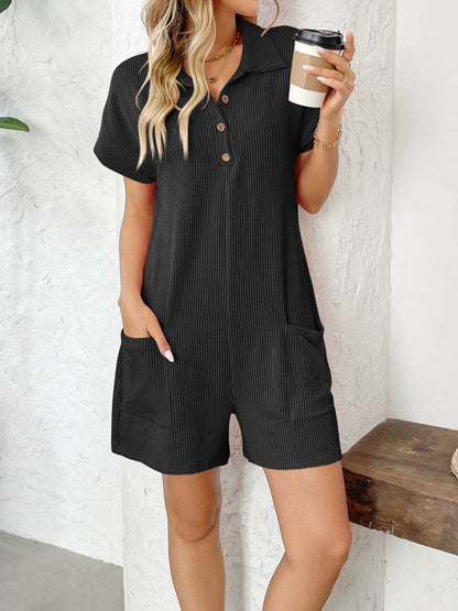 Button Detail Collared Neck Short Sleeve Romper - Selvanelle