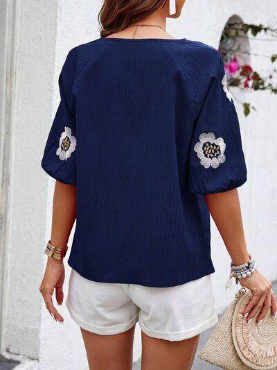 Embroidered Tie Neck Puff Sleeve Blouse for Women Stylish - Selvanelle