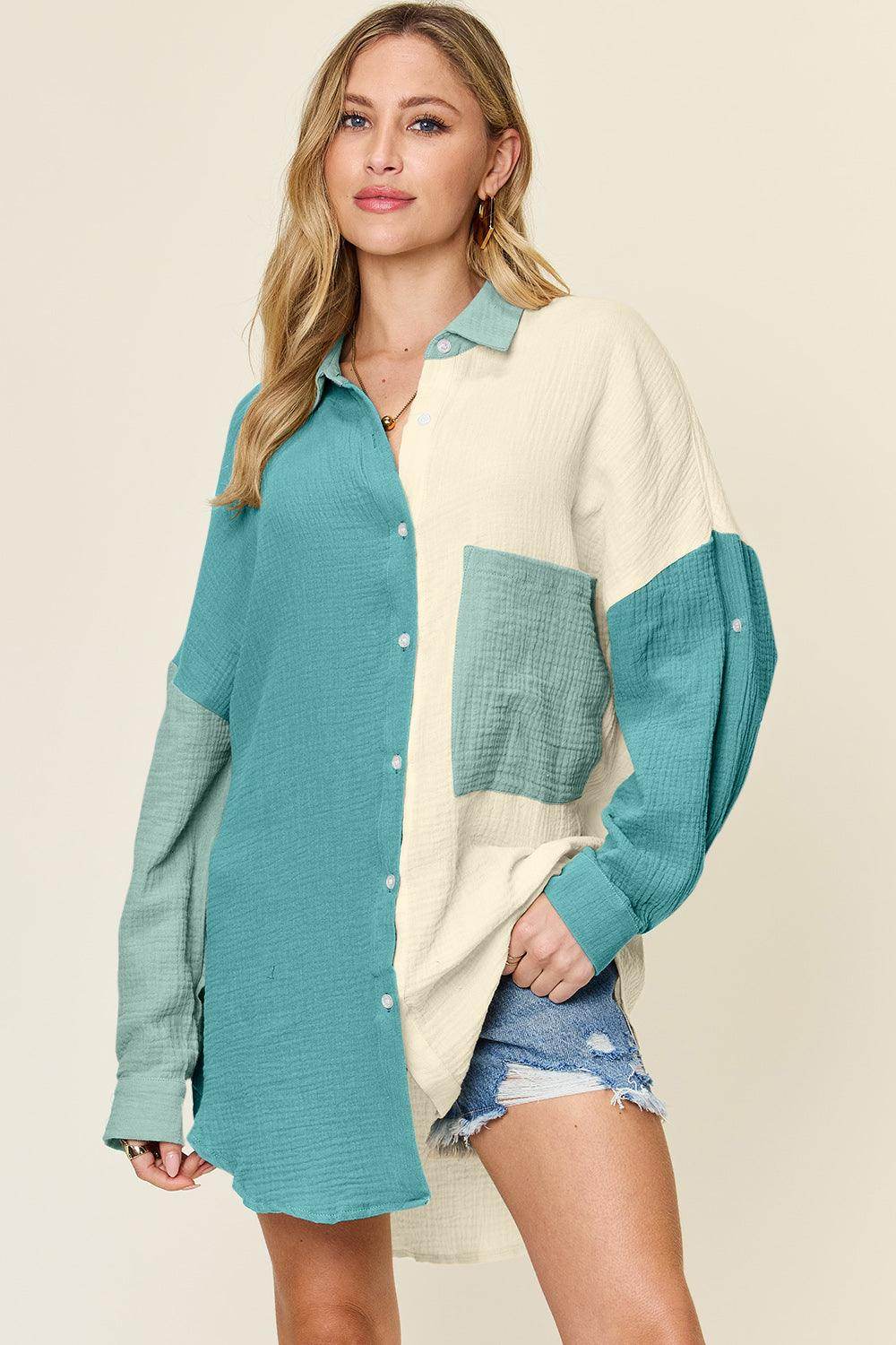 Double Take Full Size Pocketed Texture Button Up Shirt - Selvanelle