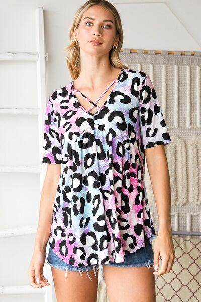 Heimish Full Size Crisscross Neck Animal Print Babydoll Top Plus Size - Selvanelle