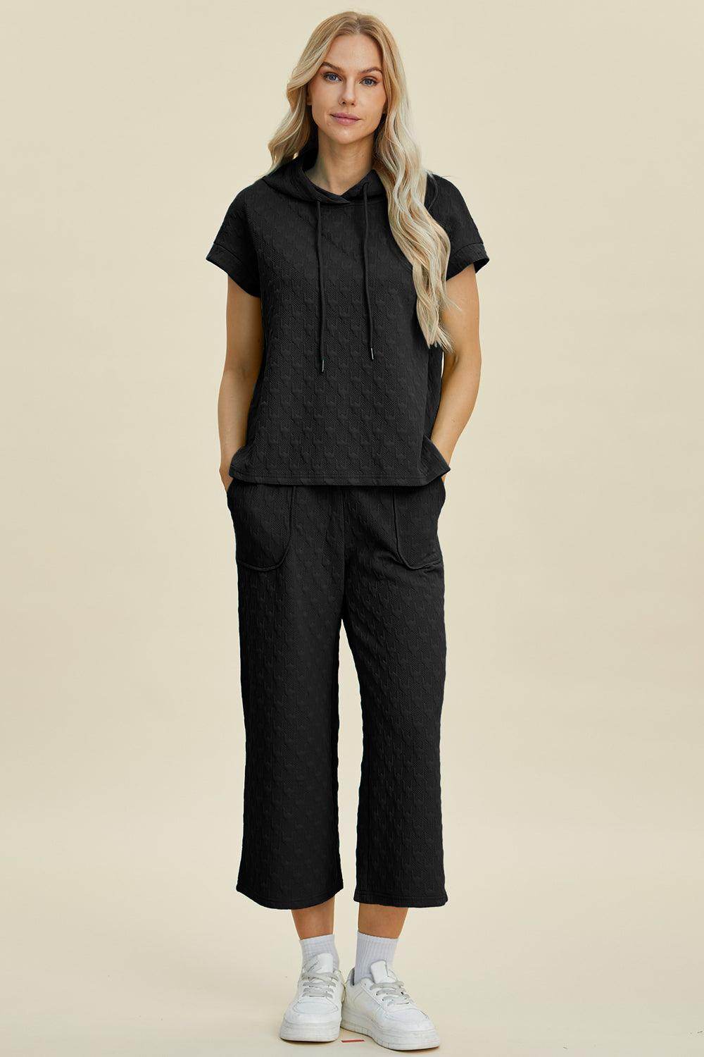 Double Take Full Size Texture Hoodie and Pants Set - Selvanelle