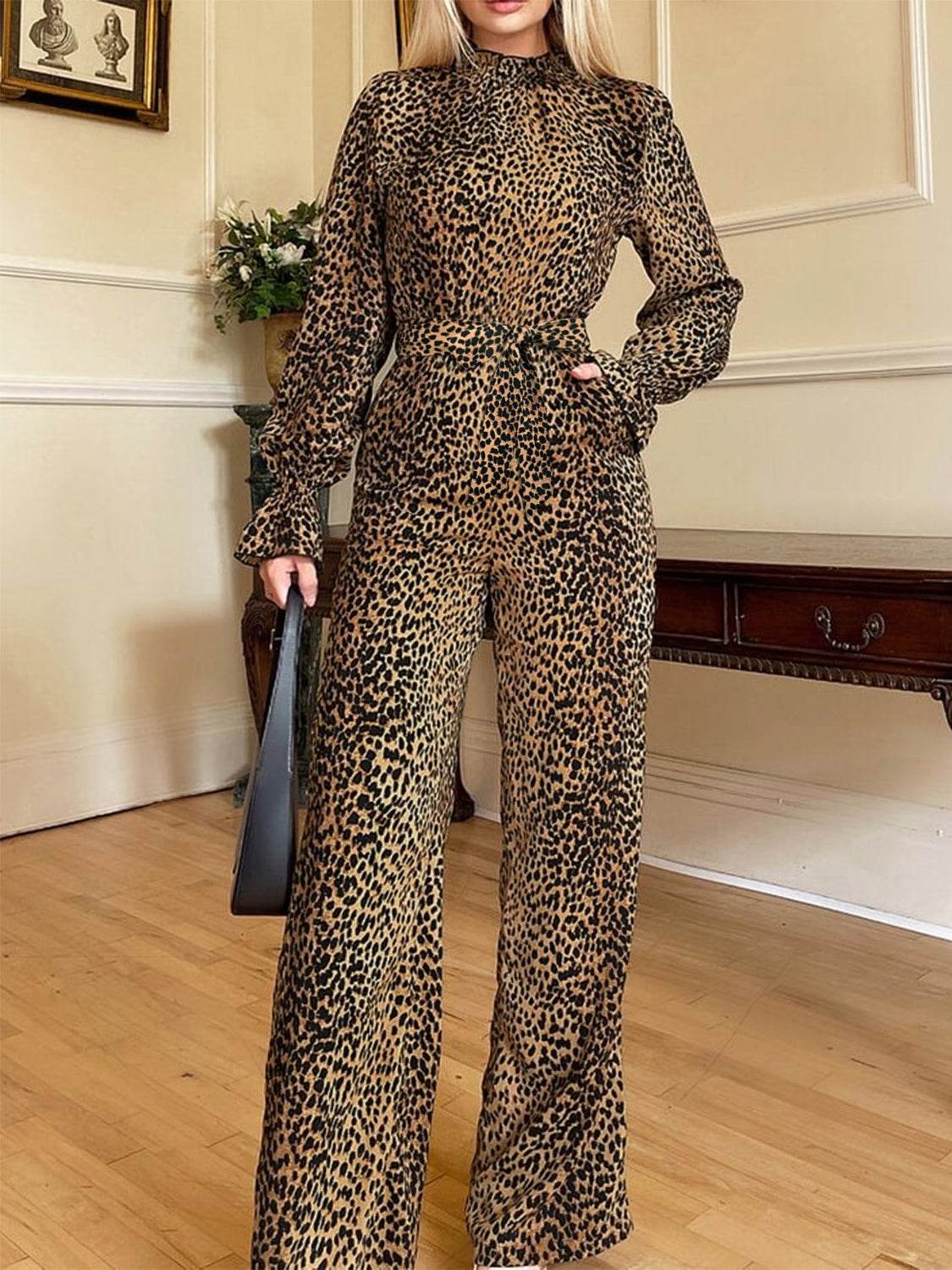 Leopard Flounce Sleeve Wide Leg Jumpsuit - Selvanelle
