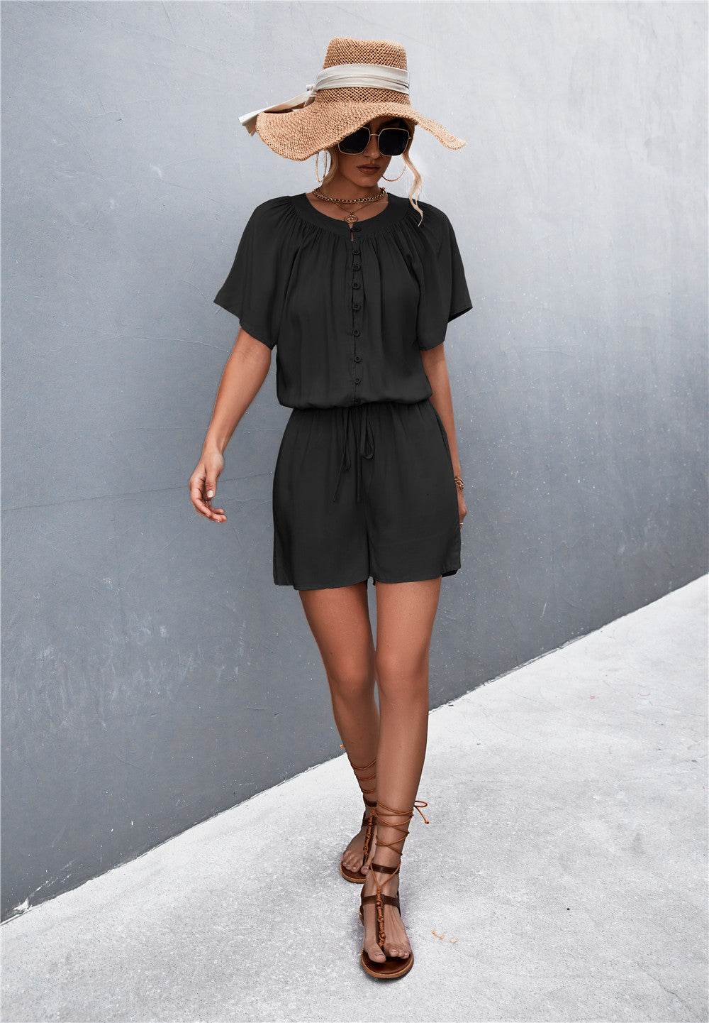 Buttoned Gather Detail Romper - Selvanelle