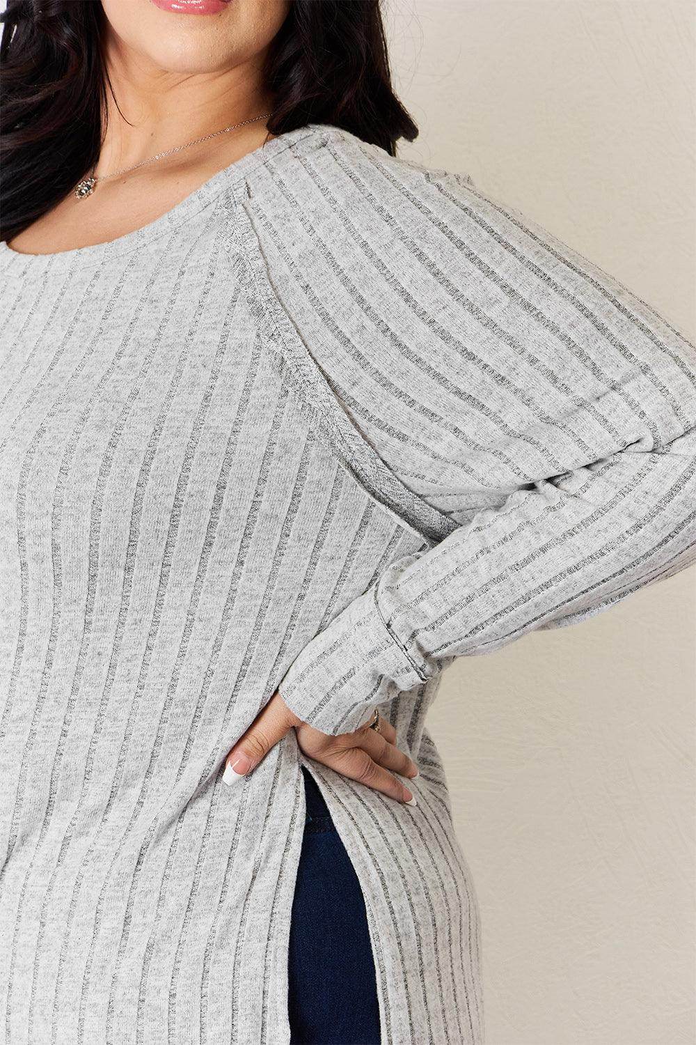 Basic Bae Full Size Ribbed Round Neck Slit T-Shirt for Women - Selvanelle