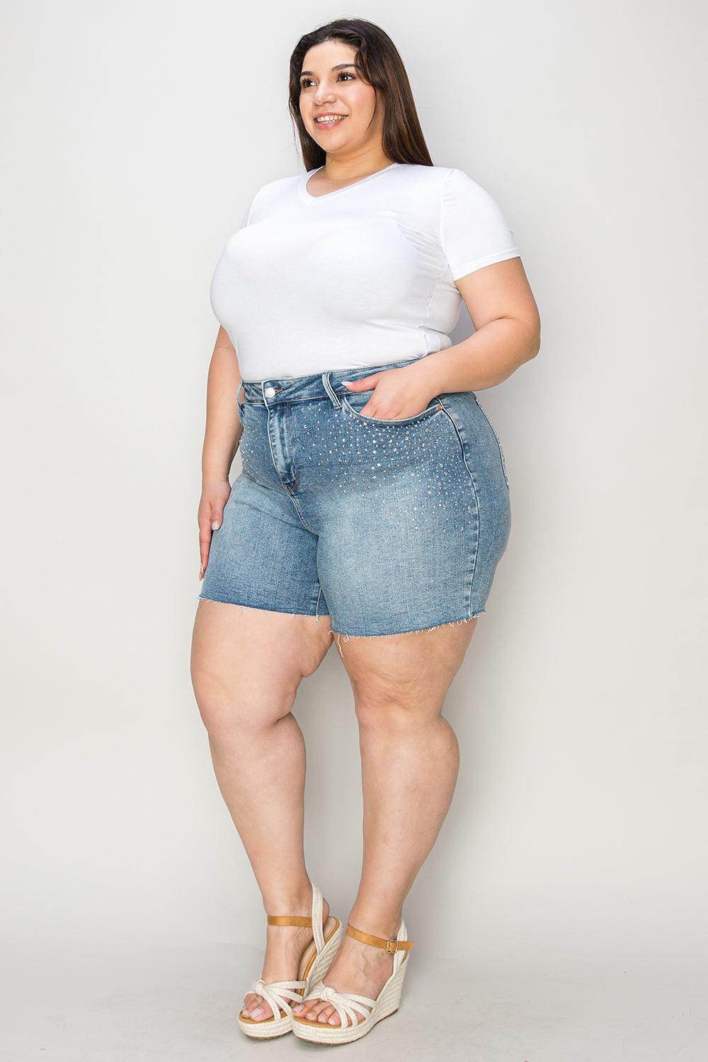 Judy Blue Full Size High Waist Rhinestone Denim Shorts - Selvanelle