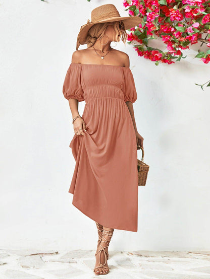Off-Shoulder Balloon Sleeve Midi Dress for Chic Style - Selvanelle