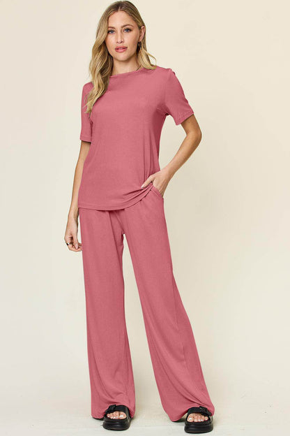 Double Take Full Size Round Neck Short Sleeve T-Shirt Set - Selvanelle