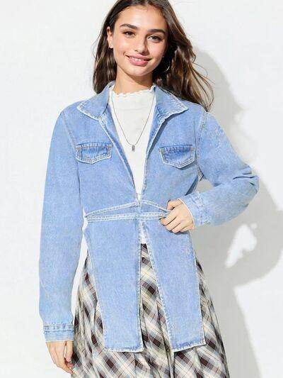 Asymmetric Slit Collared Neck Long Denim Top for Women - Selvanelle