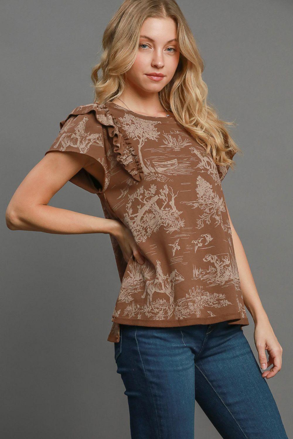 Umgee Ruffled Landscape Print Short Sleeve French Terry Top