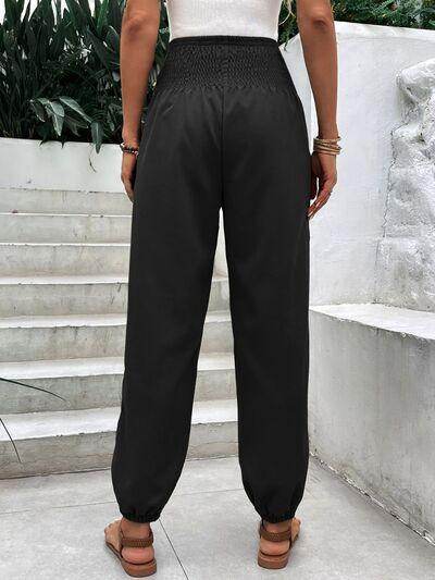 Smocked High Rise Joggers with Pockets for Women - Selvanelle