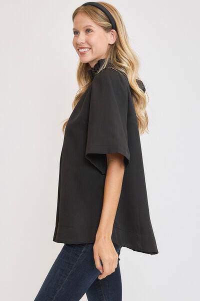 Umgee Bow Tie Back Mock Neck Half Sleeve Blouse for Women - Selvanelle