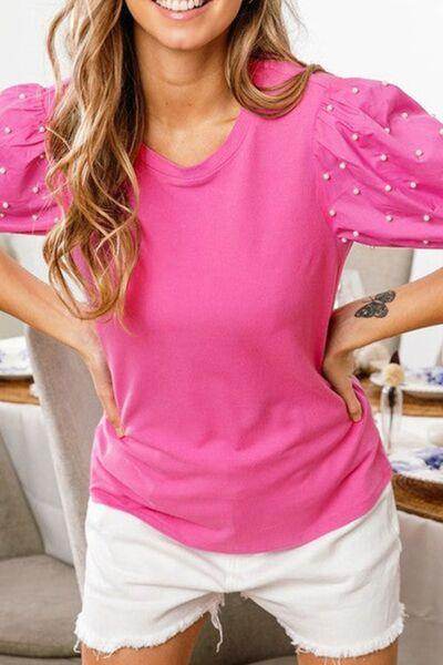 Pearl Detail Round Neck Puff Sleeve Blouse for Women - Selvanelle