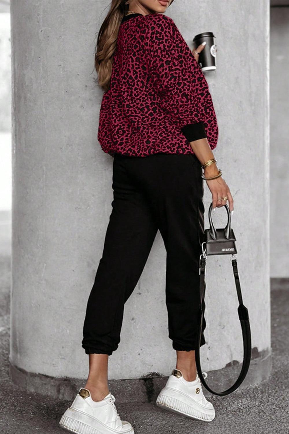 Letter M Leopard Round Neck Top and Pants Set for Women