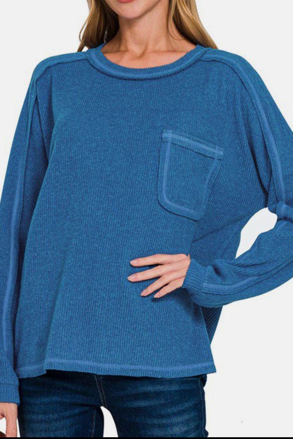 Zenana Full Size Contrast Stitching Brushed Ribbed Hacci Knit Top Plus Size - Selvanelle